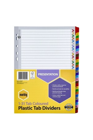 Marbig 1-31 Tab Coloured Plastic Dividers 