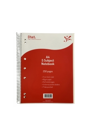 Notebook Stat A4 5 Subject 60gsm 7mm Ruling - Red (250 pages)