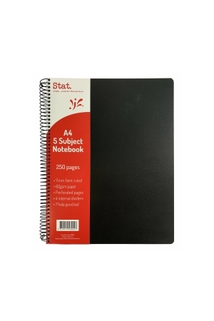 Notebook Stat A4 5 Subject 60gsm 7mm Ruling - Black (250 pages)