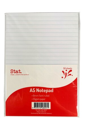 A5 Notepad - 55gsm 8mm Ruling White: (50 Sheets)
