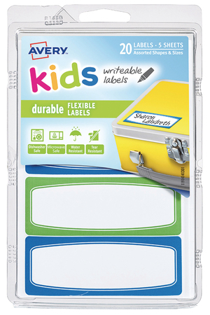Avery Kids Durable Flexible Writable Labels - Green and Blue Border - 20 Pack