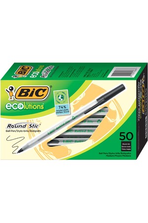 Ball Pen Bic Ecolutions Round Stic: 1.0mm Medium Point Black (Box of 50)