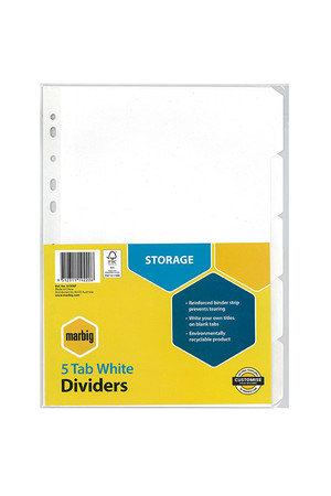 Marbig Dividers (A4) Manilla (5 Tab) Reinforced Strip: White