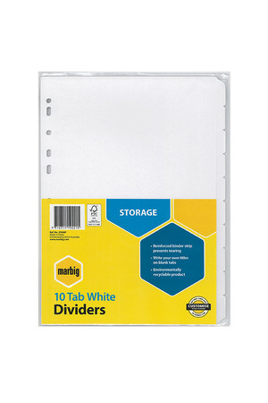 Marbig Dividers (A4) Manilla (10 Tab) Reinforced Strip: White