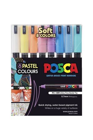 Posca Water-Based Paint Markers: 0.7mm Ultra-Fine Bullet Tip - Pastel Colours (Pack of 8)