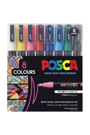 Posca Water-Based Paint Markers: 1.3mm Fine Bullet Tip - Assorted Colours (Pack of 8)