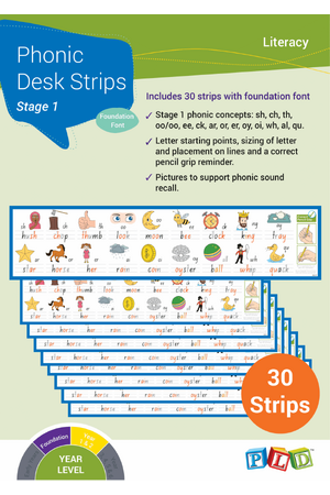 Phonic Desk Strips: Stage 1 - Foundation Font (Pack of 30)