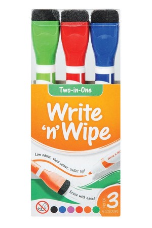 Write 'n' Wipe Whiteboard Markers (Pack of 3, 6 colours)