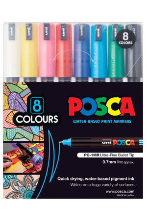 Posca Water-Based Paint Markers: 0.7mm Ultra-Fine Bullet Tip - Pastel Colours (Pack of 8)