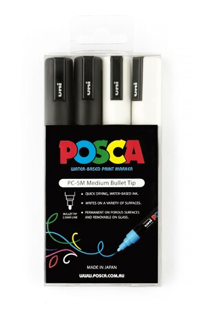 POSCA Paint Marker PC-5M Medium Bullet Tip 1.8-2.5mm - Black & White (Pack of 4)