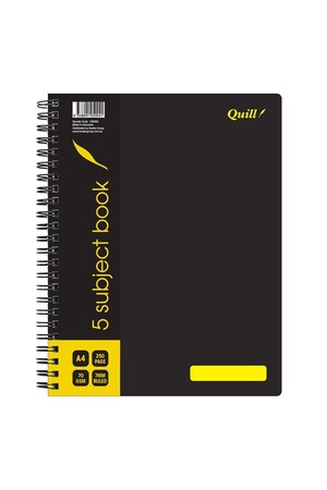 Quill Notebook - A4 70gsm Polypropylene (PP) Cover 5-Subject: Black 250pg (Pack of 5)