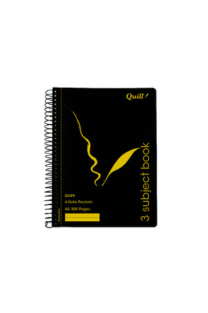 Quill Notebook - A5 3-Subject Ruled Side-Opening Black: 300pg (Pack of 5)