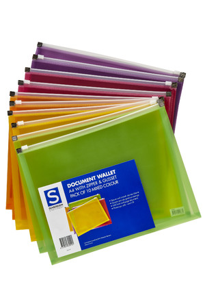 Sovereign Document Wallet - (A4) Polypropylene with Zip Gusset: Assorted (Pack of 10)