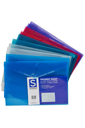 Sovereign Document Wallet - (A4) Polypropylene with Button: Assorted (Pack of 10)
