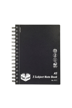 Spirax Notebook P572 - 3 Subject (A5): Polypropylene (Side-Opening) - 300 Pages: Black (Pack of 5)