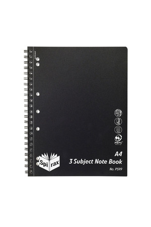Spirax Notebook P599 - 3 Subject (A4): Polypropylene (Side-Opening) - 300 Pages: Black (Pack of 3)