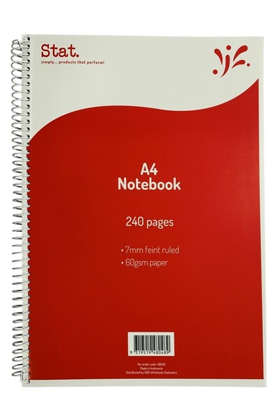 Stat Notebook - A4 60gsm (7mm Ruling) Board Cover Red: 240 Pages (Single)