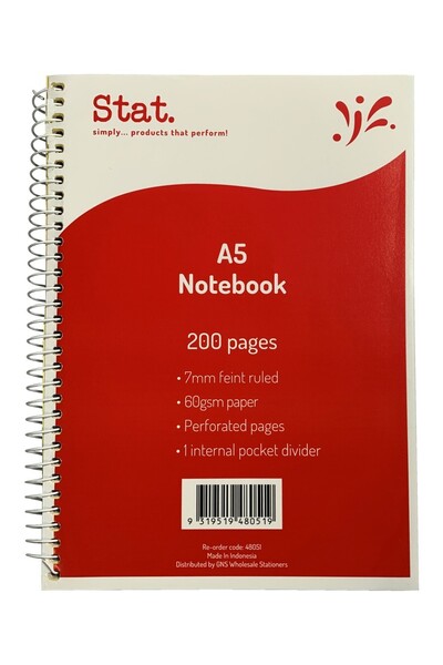 Stat Notebook - A5 60gsm (7mm Ruling) Board Cover Red: 200 Pages (Single)