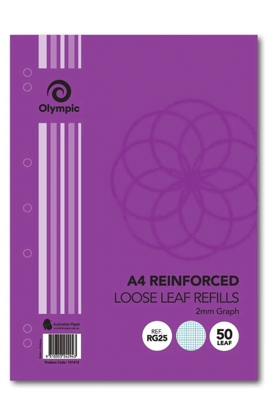 A4 Reinforced Loose Leaf Refills - 2mm Graph (50 Leaf)