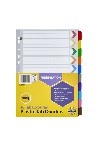Marbig 10 Tab Coloured Plastic Dividers 