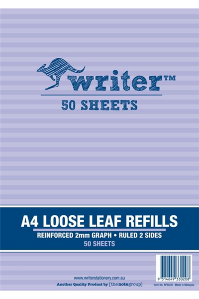 Writer A4 Loose Leaf Refills - Reinforced 2mm Graph (50 Sheets) 