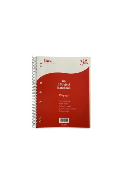 Notebook Stat A4 5 Subject 60gsm 7mm Ruling - Red (250 pages) - Pack of 5
