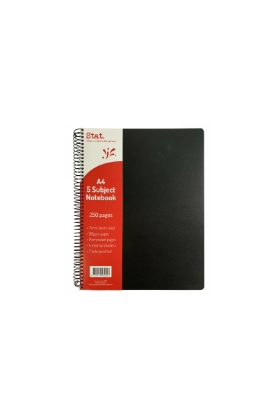 Notebook Stat A4 5 Subject 60gsm 7mm Ruling - Black (250 pages)