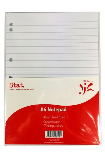A4 Notepad 7 Hole Punched - 55gsm 8mm Ruling White: (50 Sheets)