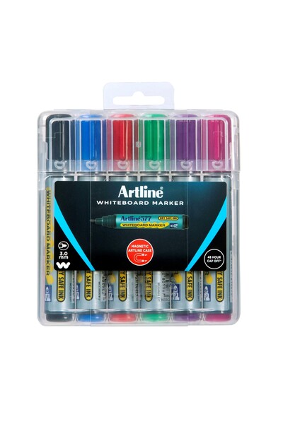 Artline Whiteboard Marker 577 - 3mm Bullet Nib Hard Case: Assorted (Pack of 6)
