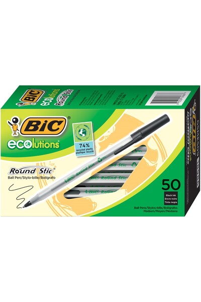 Ball Pen Bic Ecolutions Round Stic: 1.0mm Medium Point Black (Box of 50)