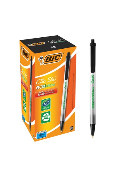 Ball Pen Bic Ecolutions Clic: 1.0mm Medium Point - Black (Box of 50)