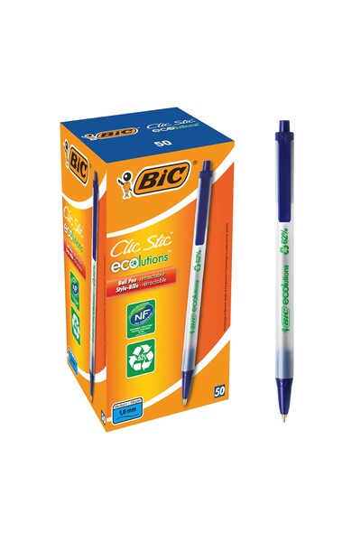 Ball Pen Bic Ecolutions Clic: 1.0mm Medium Point - Blue (Box of 50)