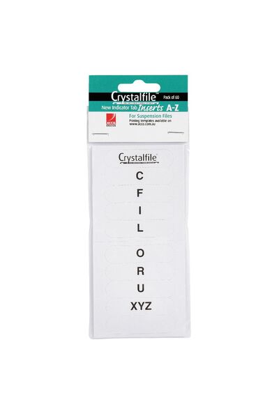 Crystalfile Tab Inserts A-Z: Rounded Edge - Pack of 60 (White)