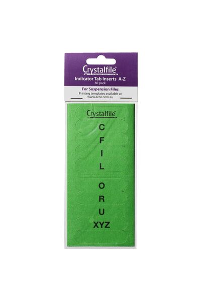 Crystalfile Tab Inserts A-Z: Rounded Edge - Pack of 60 (Green)