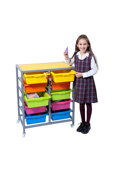 Mobile Storage Trolley with Magenta/Lime Reversible Coloured Top - 15 Bay