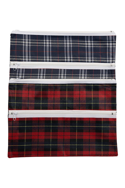 GNS Pencil Case - 38x27cm (2-Zip) Tartan Assorted