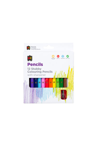 Jumbo Stubby Washable Colouring Pencils 12 Pieces + Sharpener