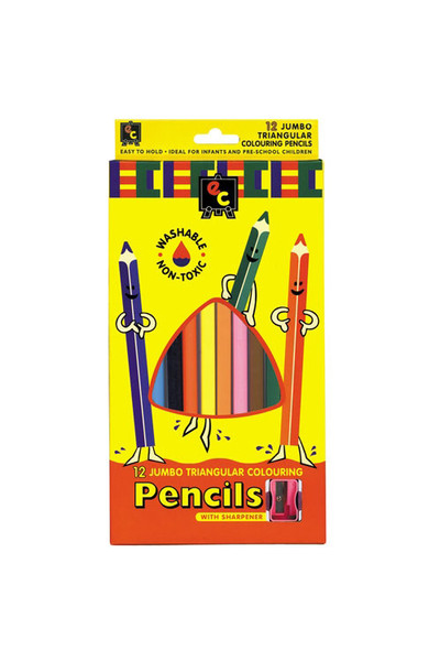 Jumbo Triangular Washable Colour Pencils - 12 Pieces + Sharpener