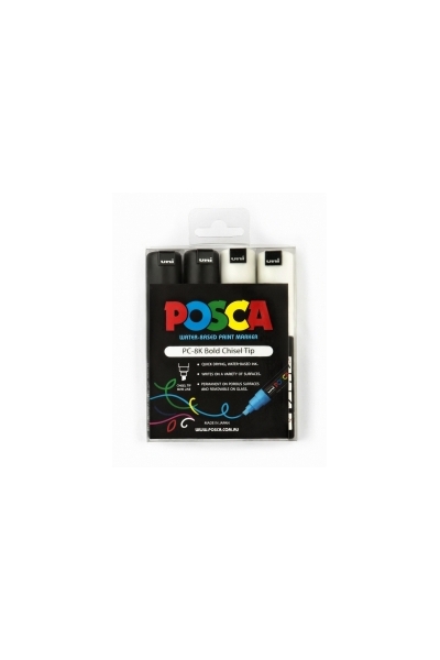 Posca Water-Based Paint Markers: 8mm Bold Chisel Tip - Black/White (Pack of 4)