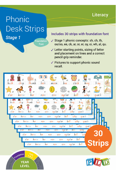 Phonic Desk Strips: Stage 1 - Foundation Font (Pack of 30)