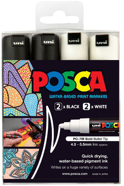 POSCA Paint Marker PC-7M Bold Bullet Tip 4.5-5.5mm - Black & White (Pack of 4)