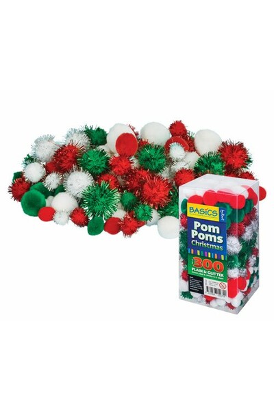 300 X Red, Green, White Christmas Tinsel Arts & Crafts Pom Poms