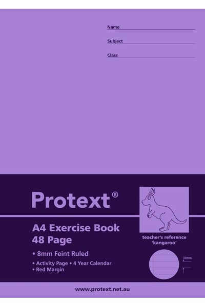 Protext Exercise Book A4 8mm Ruled + Margin PP Cover: 48pg Kangaroo (Pack of 20)