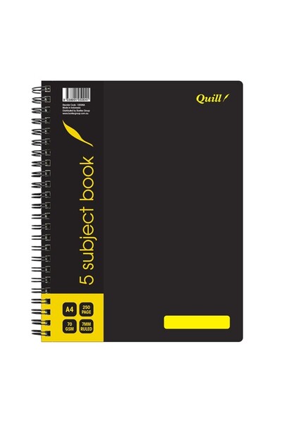 Quill Notebook - A4 70gsm Polypropylene (PP) Cover 5-Subject: Black 250pg (Pack of 5)