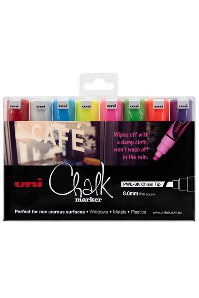 Uni-Ball Chalk Marker Chisel Tip 8mm - Assorted Colours (Pack of 8)