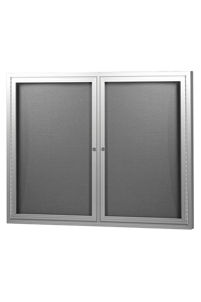 Visionchart Be Noticed Hinged Door Notice Case (1220 x 915mm) - 2 Door Silver Frame & Grey Pinnable Fabric