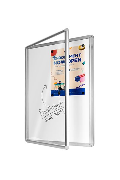 Visionchart Neo Hinged Door Notice Case (900 x 600mm) - Whiteboard Background & 1 Lock