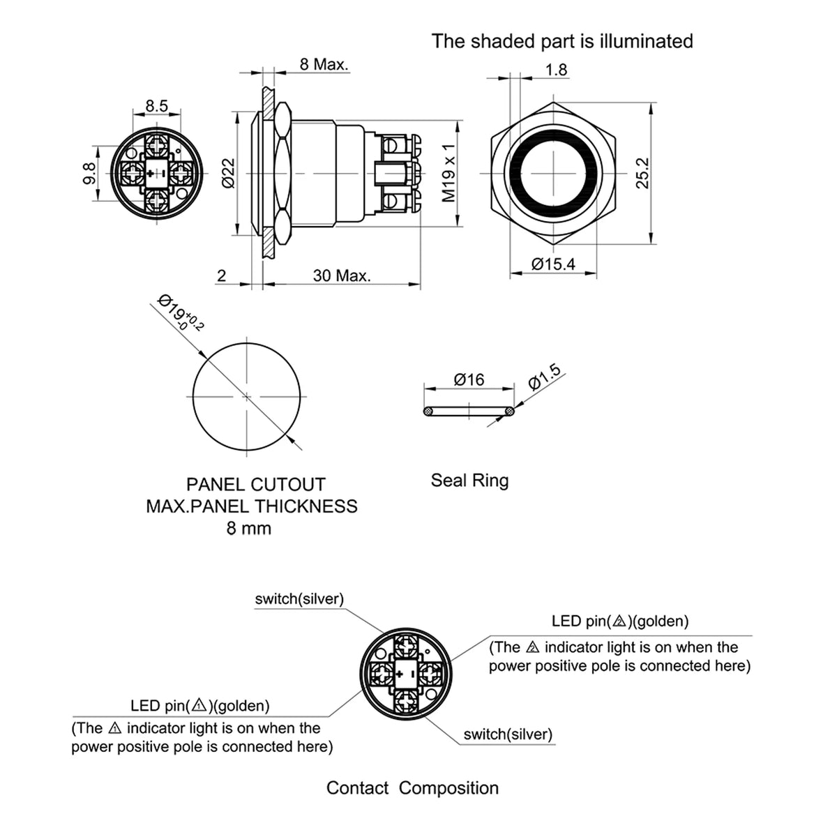 Altronics SPST IP65 Vandal Resistant Illum. Red Blue LED Pushbutton Switch