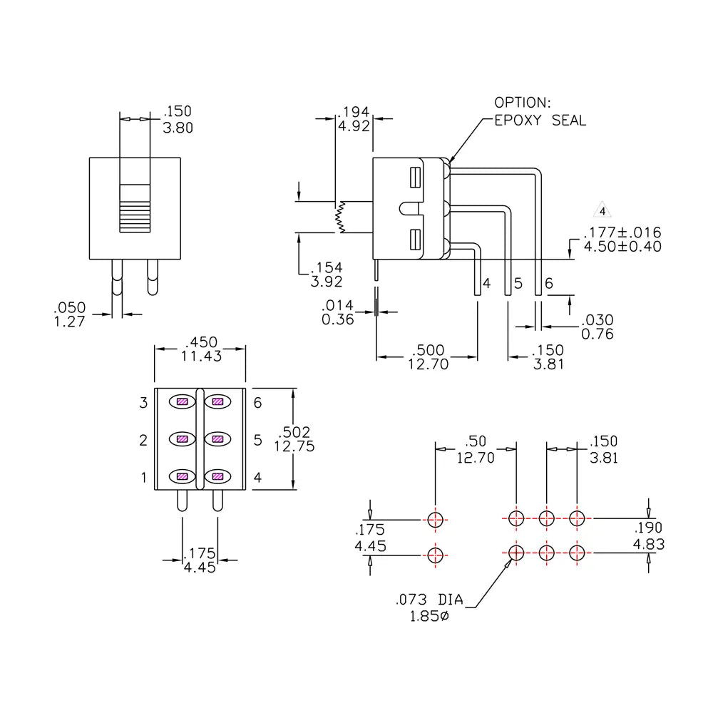 Altronics DPDT 90 Deg. PCB Mount Vertical Miniature Slide Switch