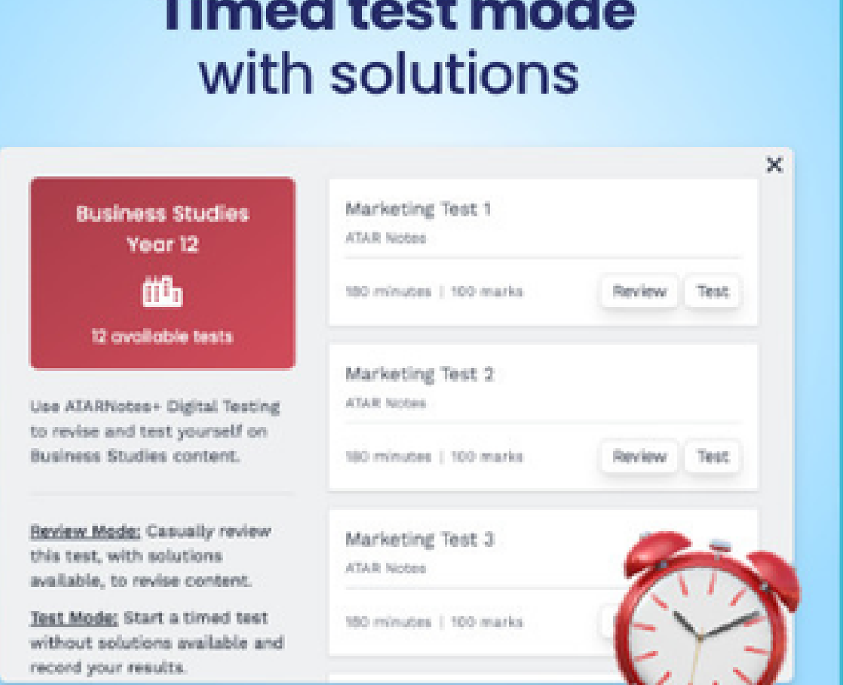 ATARNotes+ — timed test mode with solutions